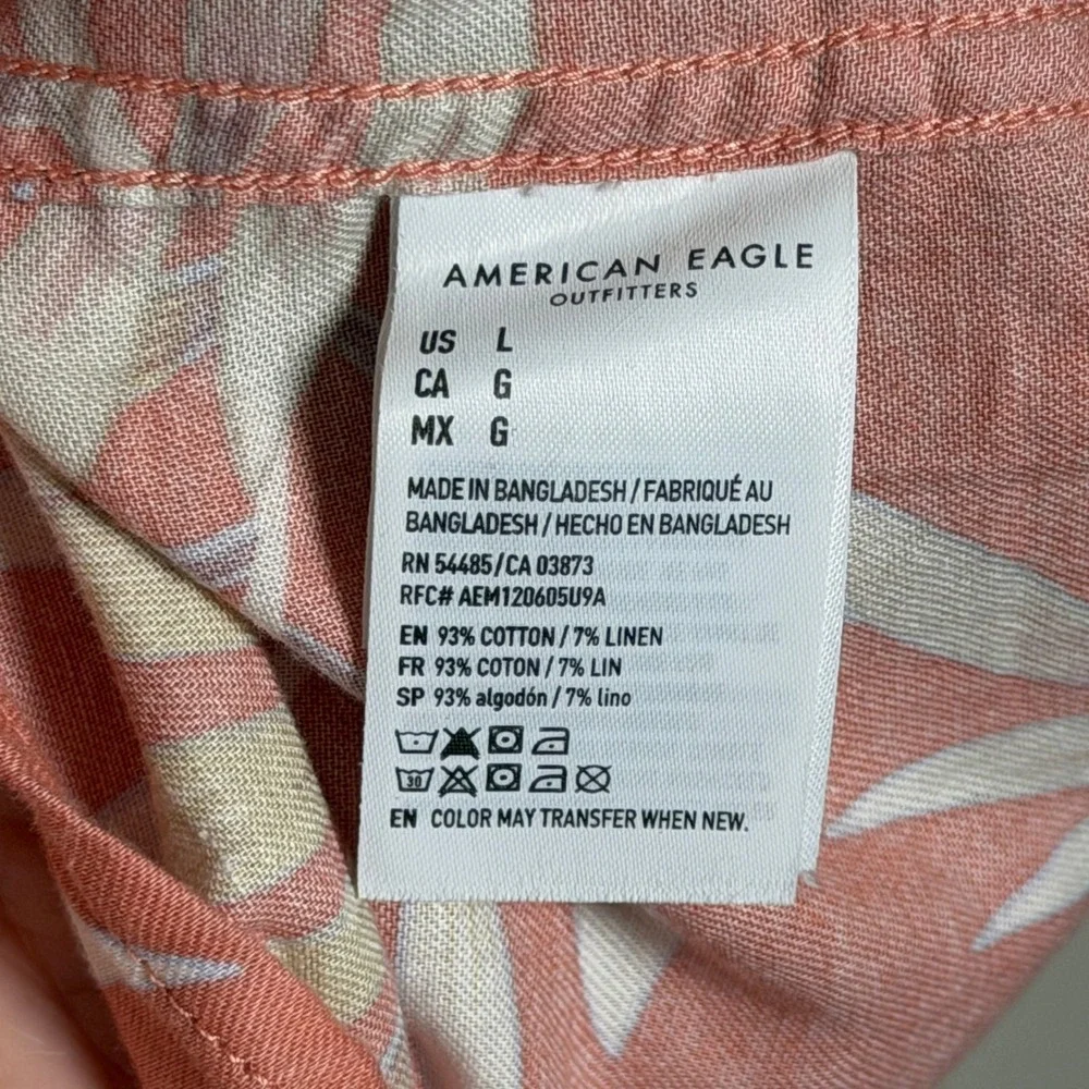 American Eagle Mens L Coral Tropical Palm Leaf Cotton Linen Short Sleeve Shirt